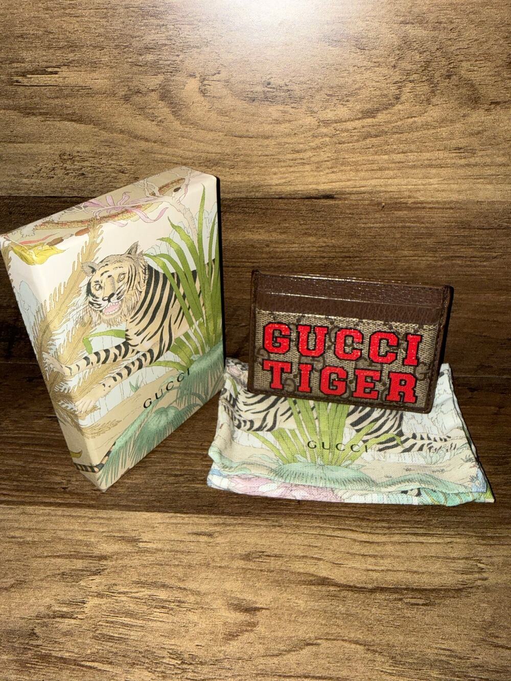 Rare Gucci Tiger GG Supreme Card Case Wallet Brown Coated Canvas Web Stripe